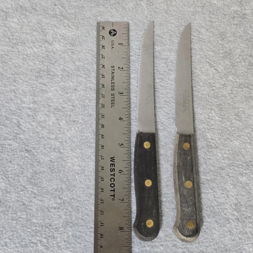 Vintage Mobil Chemical Steak Knives Tramontina Onyx Set 2 Wood Handle Brazil